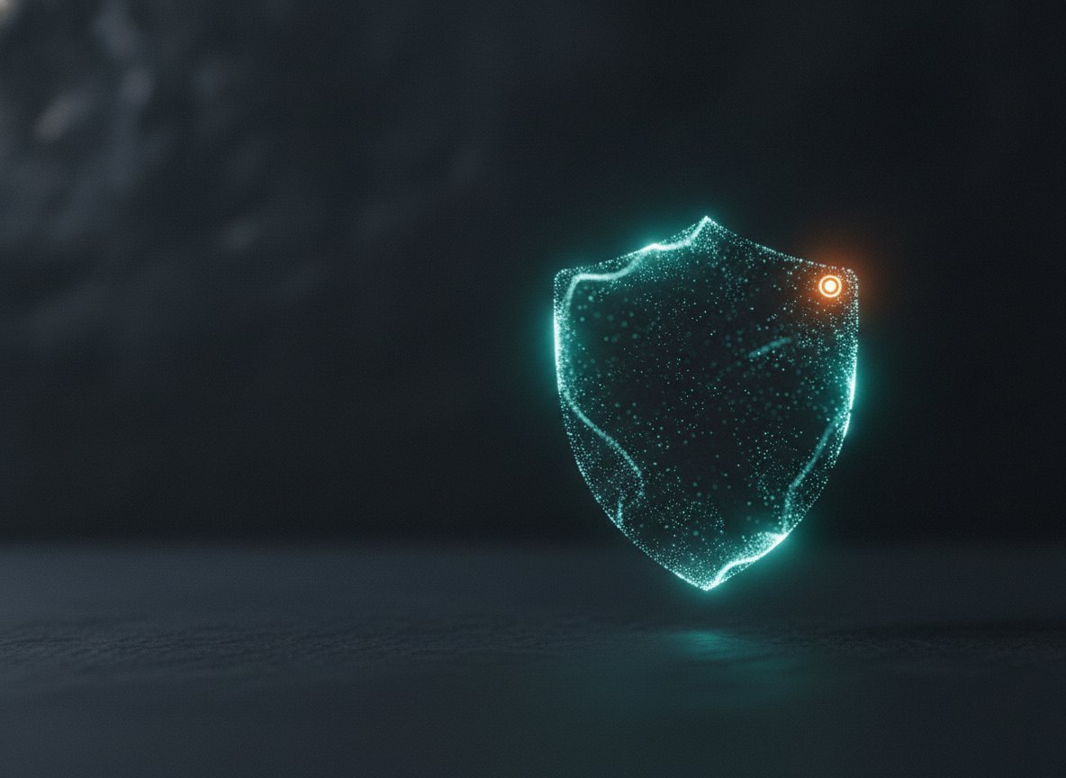 An abstract security shield motif glowing in teal with an amber alert dot.